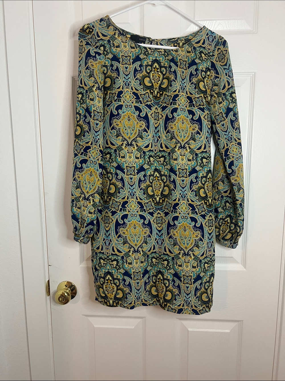Posh Long-Sleeve Printed Shift Dress in Navy, Yellow, Teal